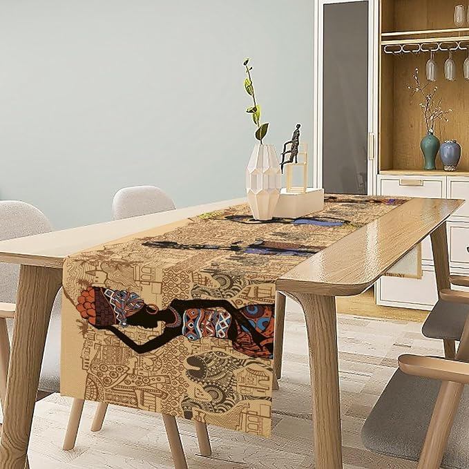 African Black Woman Table Runners, American Art Ethnic Tribe Elephant Table Runners for Wedding Party Banquet Dinner Kitchen Coffee 13x108in