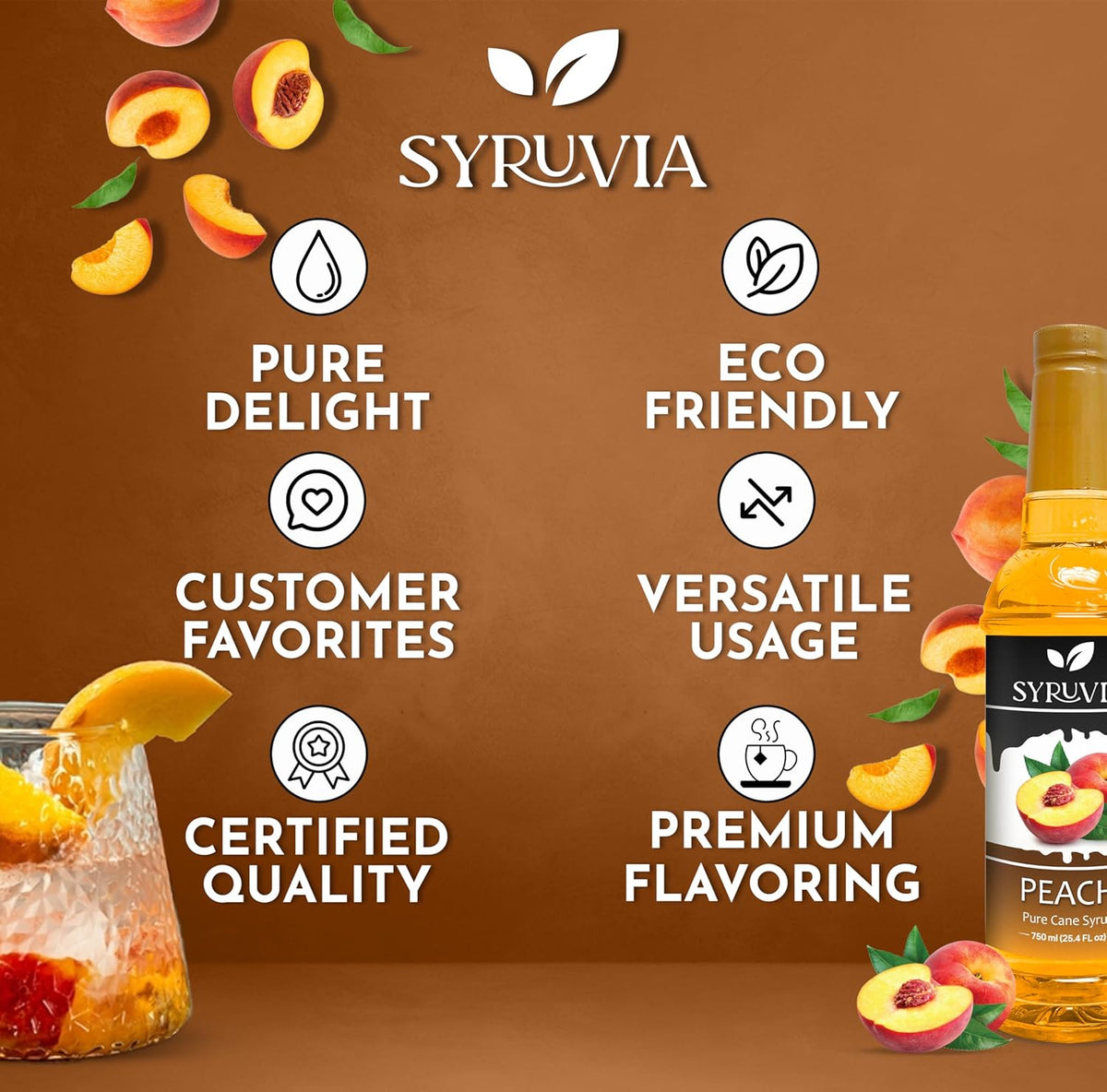 Syruvia Peach Syrup for Drinks 25.4 Ounces Peach Flavoring Syrup - Kosher, Gluten-Free, Ideal for Elevating Your Beverage Adventures
