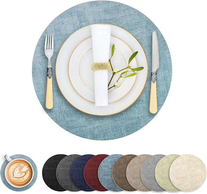 Round Faux Leather Placemats and Coasters, Set of 6, Reversible Heat Resistant Non-Slip Table Mats, Waterproof Wipeable Place Mats for Dining Table, Washable for Indoor & Outdoor (6, Blue)