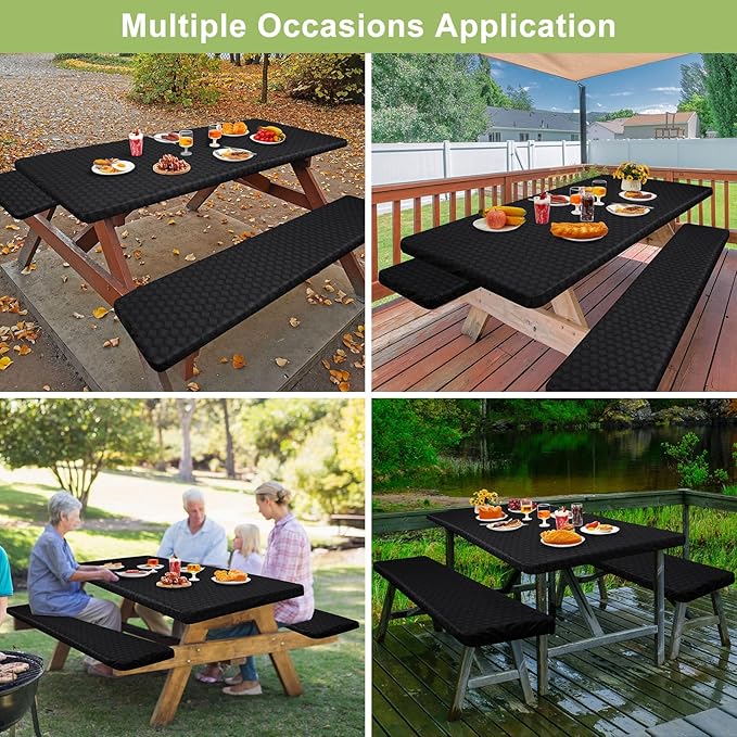 Picnic Table Cover with Bench Covers Camping Essentials Waterproof Windproof Camping Tablecloth with Drawstring Bag, Fitted Rectangle Tables and Seats, 96in, Black