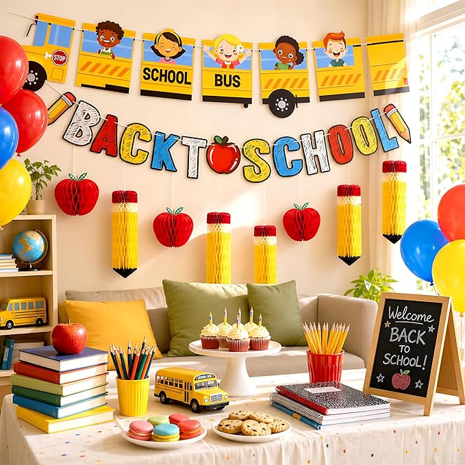 Back to School Party Decoration Set School Bus and Colorful Letters with Apple and Pencil Hanging Honeycomb Decorations