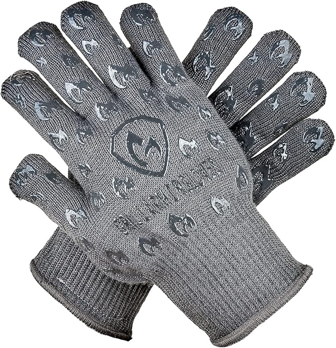 Oven Gloves with Fingers - 932°F Extreme Heat Proof and Cut Resistant Mitts for Kitchen, BBQ, Grill, Baking, Fire Pit - EN407 Certified with Non-Slip Silicone Grip and Cotton Lined for Comfort