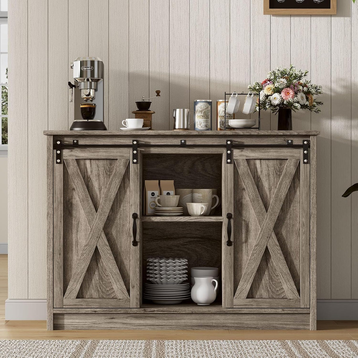 4 Ever Winner Farmhouse Coffee Bar Cabinet with Sliding Barn Door, 42” Coffee Bar Table with Adjustable Shelves