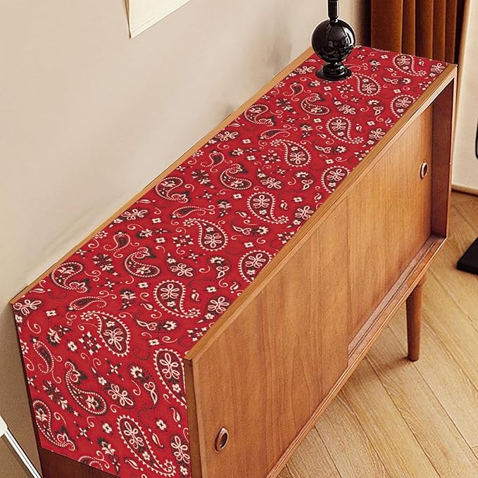 Red Paisley Table Runner, Rustic Damask Antique Floral Flower Retro Boho Swirled Pattern Vintage Coffee Table Center Decor for Family Kitchen and Living Room Outdoor Table Decorations, 13"x90"