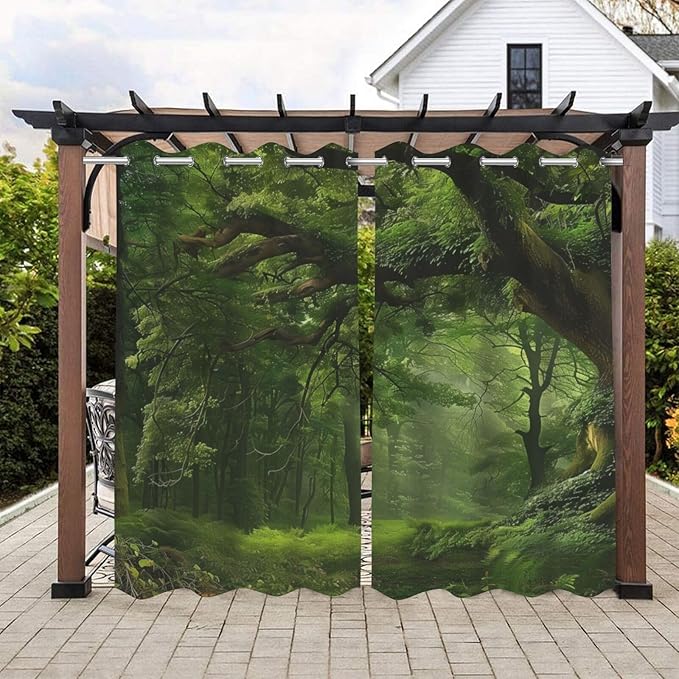 Nature Theme Outdoor Curtains for Patio Waterproof,Forest Pattern,Privacy Curtains for Porch Pergola Arbor Lanai Pool House Outside Deck,Set of 2 Panels,W54 x L108,Green