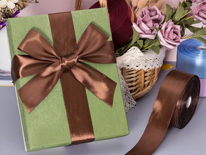 YASEO 1 1/2 Inch Brown Solid Satin Ribbon, 50 Yards Craft Fabric Ribbon for Gift Wrapping Floral Bouquets Wedding Party Decoration