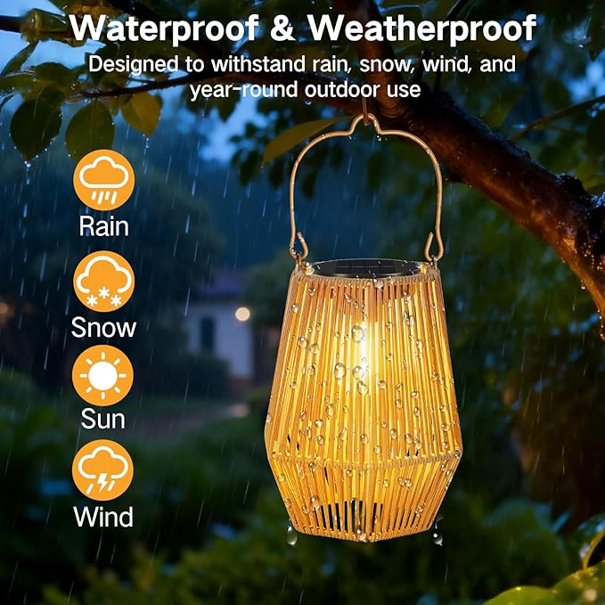 2 Pack Solar Lanterns Outdoor Waterproof, Hanging Rattan Woven Solar Lights with Auto On/Off, Decorative Gifts for Garden, Yard, Patio, Tree, Porch, Lawn, Pathway, Outside Tabletop Decor
