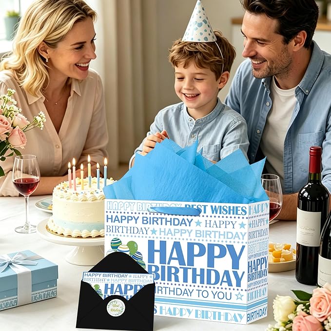 Happy Birthday Gift Bag, White Blue Birthday Bag with Tissue Paper and Greeting Card & Envelope & Sticker, Bithday Wrapping Paper for Men Women, 12.6" Medium Gift Bags Birthday Gifts for Boys Girls (StyleB)