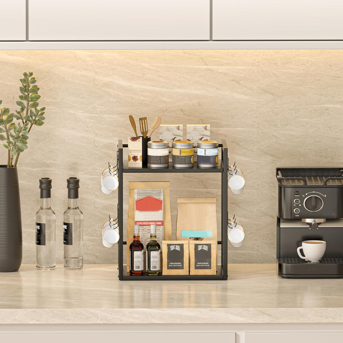 Dorhors 2 Tier Coffee Bar Accessories and Organizer,Multi-functional Mug Holder with 12 Hooks,Wood Coffee Station Organizer