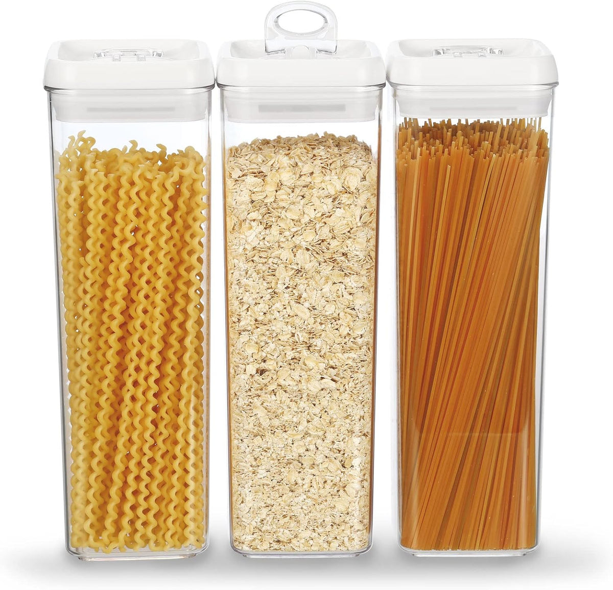 Felli Flip Tite Tall Storage Container with Lid 4" Air Tight Easy Open Ring Top, Clear Acrylic Skinny Canister Jar for Spaghetti Lasagna Fettuccine