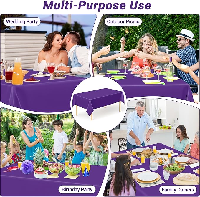 QZYL 12 PCS Purple Plastic Tablecloths, 54 in x 108 in Dinner Table Cloths, Rectangle Table Cover for Birthday Party Family Gathering Wedding