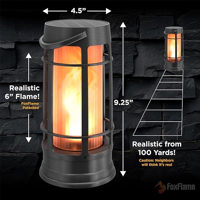 FoxFlame Upgraded Metal Outdoor Solar Lantern, Flickering Solar Lanterns Outdoor Waterproof with Patented LED, Outdoor Lanterns for Porch, Patio, Garden, Tabletop, Hanging Use, Matte Black (2 Pack)