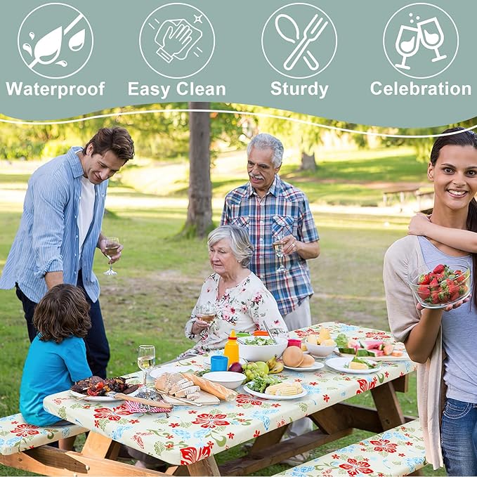 misaya Picnic Table Cover with Bench Cover, Waterproof Elastic Fitted Tablecloth for 8 Foot Tables, Rectangle Washable Polyester Fabric Tablecloths for Picnic, Camping, Outdoor (Butterfly, 30" x 96")