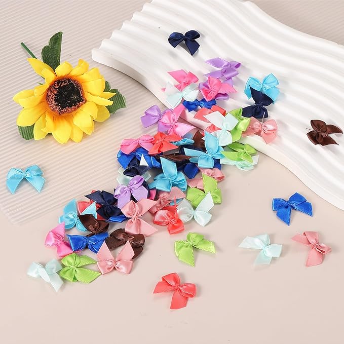 MECCANIXITY 50 Pcs Mini Ribbon Bow 1" Mini Fabric Satin Ribbon Flower Bows for Craft DIY Sewing Wedding Birthday Party Gift Wrap Bows Dark Blue