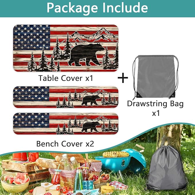 American Flag Camping Picnic Table Cover with Bench Covers, Wooden Camper RV Patriotic USA Flag Rustic Cabin Bear Tablecloth for Family Garden Party Decorations with Drawstring Bag, 30X72in