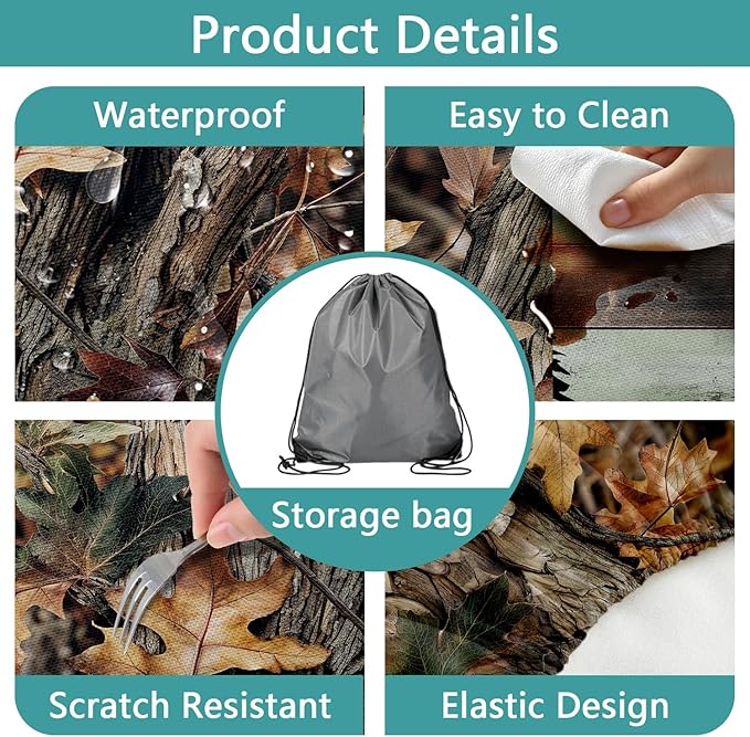 Camo Picnic Table Cover with Bench Covers, Oak Camouflage Patterns Camping Essentials Tablecloth Waterproof Fitted Rectangle Tables and Seats, Outdoor Table Covers with Elastic Windproof Edges