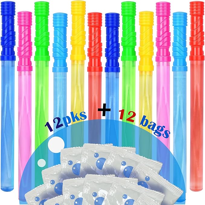 GIFTEXPRESS 12Pcs 14" Big Bubble Wands and Solution - Large Bubble Wands and Bubble Refills Solution for Kids Birthday Party, Easter, Pool, Beach, Park, Summer BBQ Party