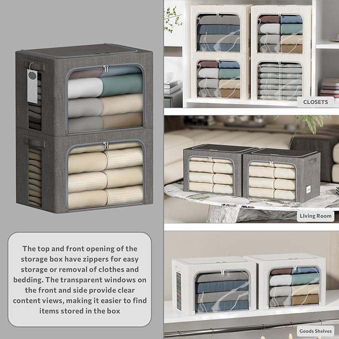 4 Pack Clothes Storage Bins with Metal Frame - 66L Stackable Storage Box with Lid，Foldable Storage Container Organizer for Clothes，Linen Fabric Storage Box with Clear Window＆Zippers＆Handles