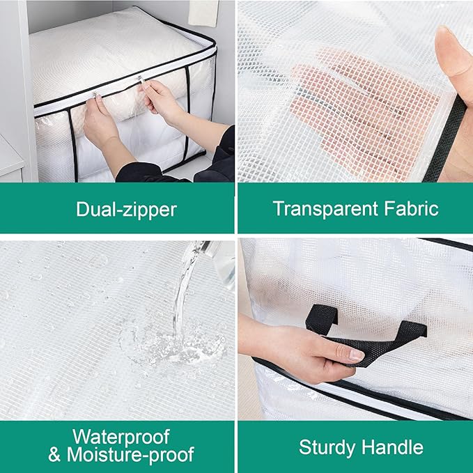 5 Pack 80L Large Blanket Organizers and Storage Bags,Foldable Clothes Storage Box with Clear Window for Closet,Bedding, Blankets,Comforter,Pillows,Toys(Black)