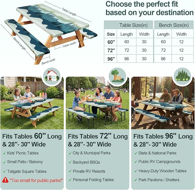 Picnic Table Cover with Bench Covers Camping Essentials Waterproof Windproof Camping Tablecloth with Drawstring Bag, Fitted Rectangle Tables and Seats, 72in, Green Blue