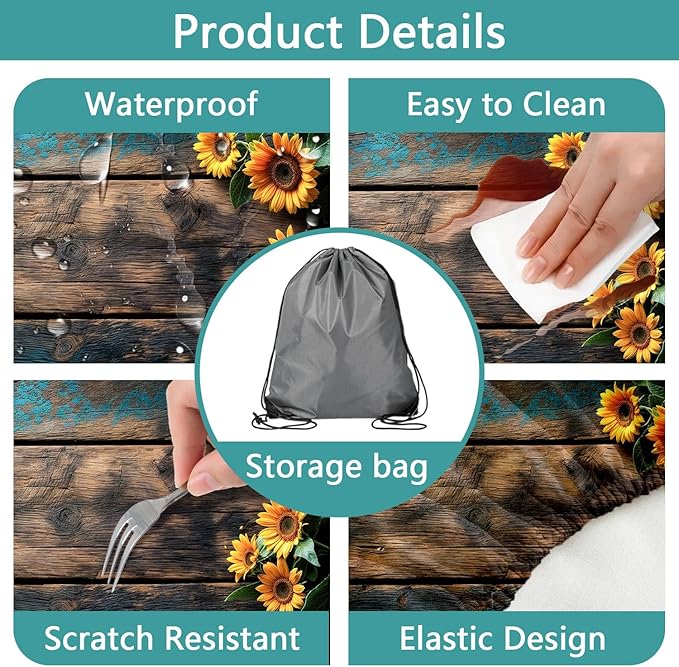 Picnic Table Cover with Bench Covers Wood Sunflower Flowers Wooden Floral Waterproof Windproof Fitted Outdoor Tablecloth with Elastic Rectangle Table Cloth Camping Accessories,72x30 Inch