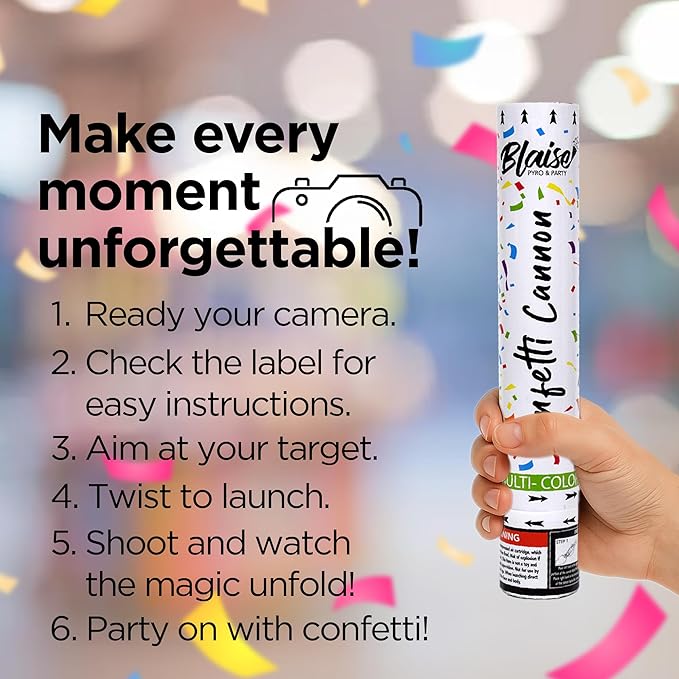 Blaise Pyro & Party Multi-Colored Confetti Poppers - Easy to Use Paper Confetti Poppers for Weddings, Birthdays, Anniversaries & More - Colorful Confetti Cannon for Memorable Photos - 2 Pack, 12 Inch