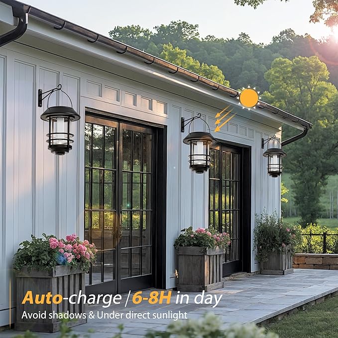 Otdair Solar Lanterns Outdoor Waterproof, 4 Pack Flickering Flames Wall Garden Decor with Glass Shade, Hanging Solar Lights Wall Mount Decorations for Halloween, Front Porch, Patio, Yard.