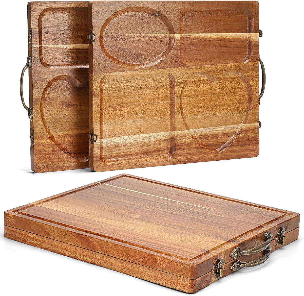 Double Side Acacia Wood Serving Tray, Serving Platters and Trays, Charcuterie Boards Wooden Tray with Vintage Metal Handles