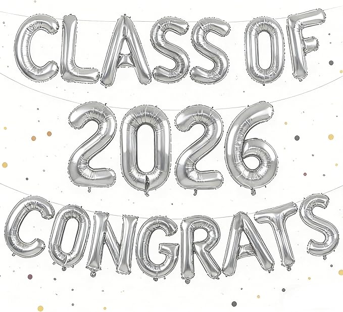 Silver Class of 2026 Congrats Balloons, 2026 Graduation Decorations 16inch Congrats Grad Foil Balloons Banner Sign for Class of 2026 College High School Graduation Prom Party Backdrop Supplies