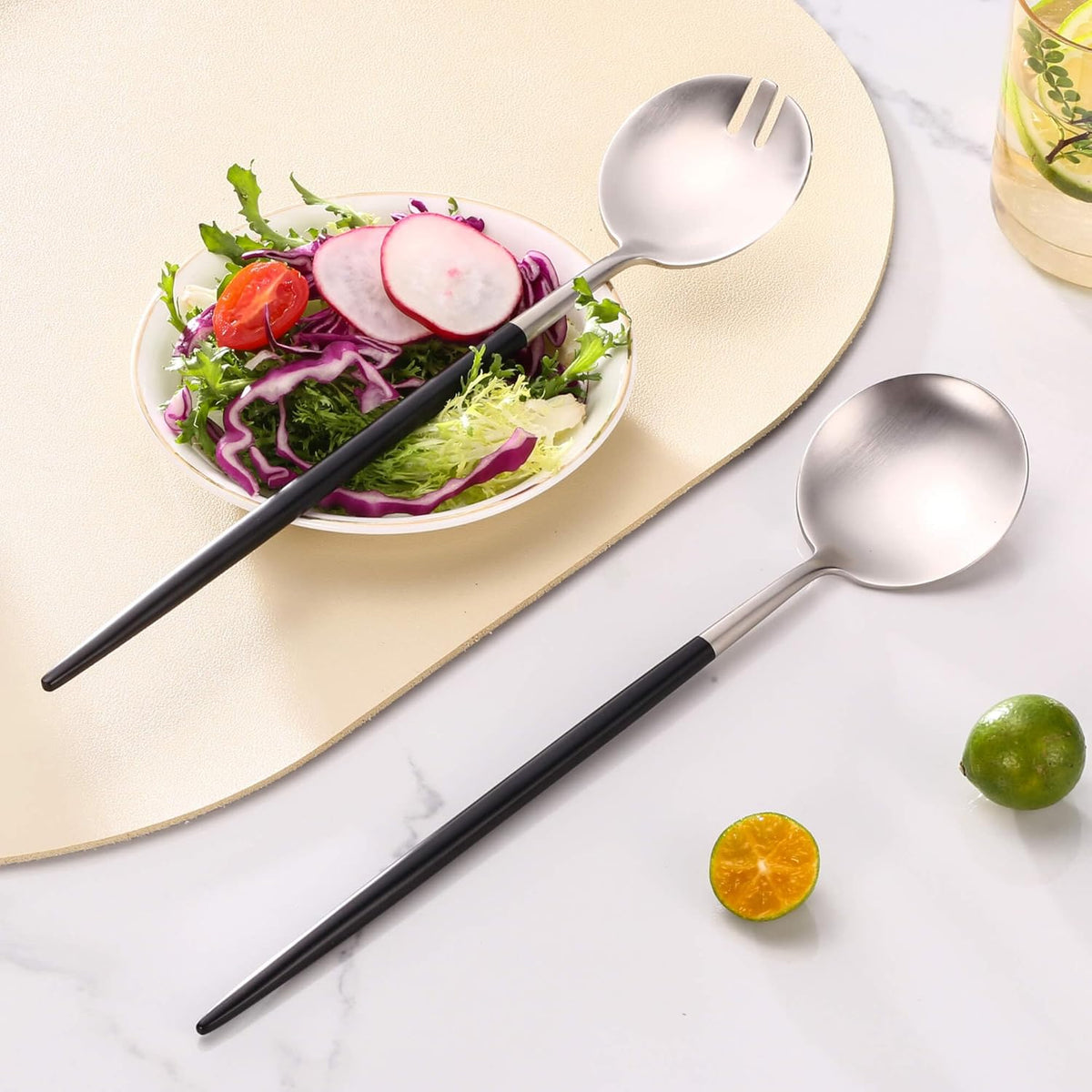 Lemeya Silver Black Salad Serving Utensils,Serving Spoons Stainless Steel,2Pcs Long Handle Salad Servers 11.42 Inch,Salad Utensils for Serving