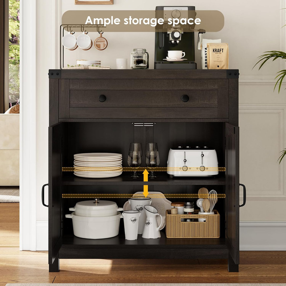 Hostack Coffee Bar Cabinet, Kitchen Storage Cabinet, Modern Farmhouse Buffet Sideboard with Drawer and Adjustable Shelf