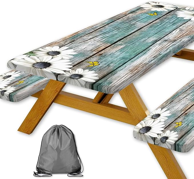 Daisy Flowers Picnic Table Cover with Bench Covers and Bag, Camping Essentials, Wooden Grain Waterproof Windproof, Fitted Tablecloth Cover with Elastic Edge, for Indoor & Outdoor, 3 PCS, 30x96 Inch