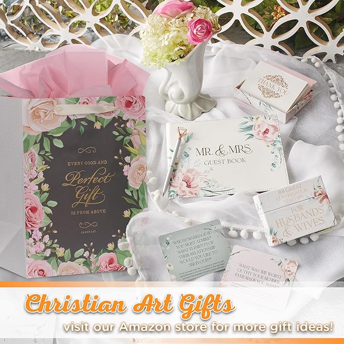 Christian Art Gifts Portrait Gift Bag with Card and Tissue Paper Set - Every Good Gift - James 1:17 Inspirational Bible Verse, Pink Rose Floral, Large
