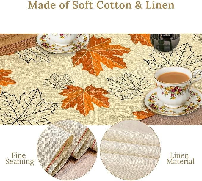 Fall Maple Leaves Table Runner, Rustic Vintage Autumn Orange Leaf Thanksgiving Farmhouse Kitchen Dinning Table for Indoor Outdoor Home Party, 13x108inch