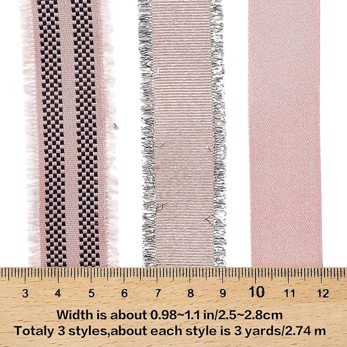 BEEFLYING 3 Styles Pink Wire Edged Ribbons for Gift Wrapping Decoration 25~28mm×2.7m Stripe Fringe Ribbons for Wedding Party Decoration Hair Bows Flower Designs Sewing and Craft, 9 Yards