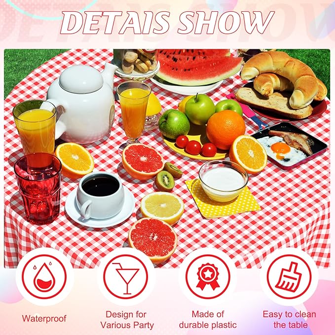 12 Pack Red and White Plastic Checkered Tablecloth Round, Premium Decorative Disposable Red Gingham Plaid Table Cloths for Parties, Round Party Table Cover for Picnic Farm Birthday Wedding, 84 Inch