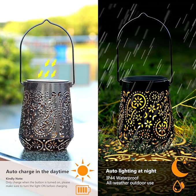 Solar Lanterns Outdoor Waterproof Hanging Solar Lantern, Retro LED Solar Powered Lantern Lights with Handle for Patio Garden Yard Pathway Lawn Porch Decor 2 Pack (Black)