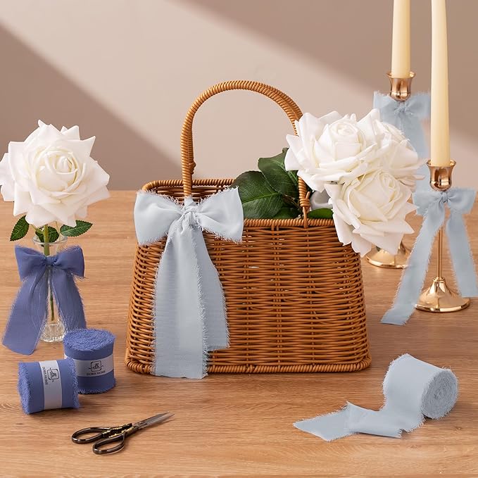 DORIS HOME Blue and Cream Chiffon Ribbon for Flower Bouquet, 2" x21Yd Fabric Ribbon for Gift Wrapping, Handmade Frayed Ribbon for Wedding/Christmas Decorations