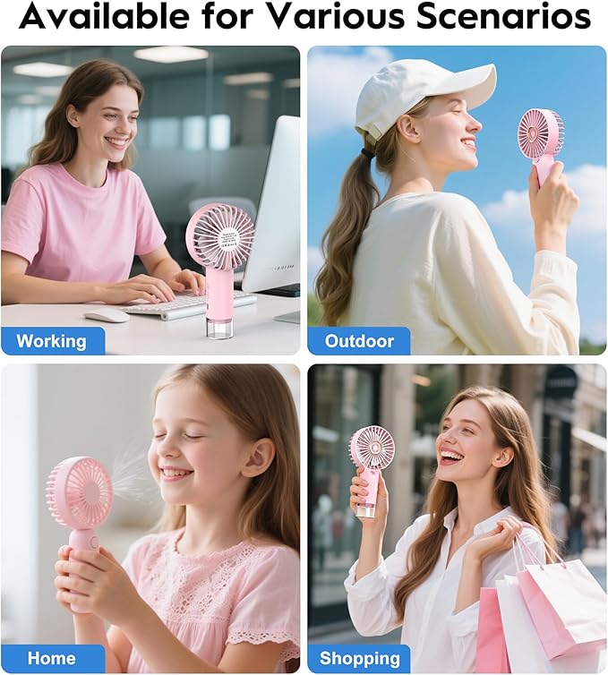Mini Handheld Misting Fan, Small and Powerful, 3 Speed Portable Fan Lightweight USB-C Rechargeable Spray Water Mist for Makeup Stylish Girl Women Travel Indoor Outdoor Pink (Pink)