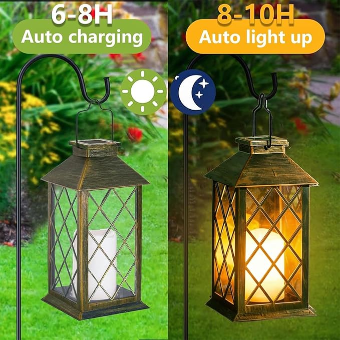 Solar Lanterns Outdoor Waterproof, 2 Pack 9" Glass Hanging Solar Lights with Flickering Flameless Candle, Outdoor Lanterns for Patio Wall Porch Table Garden Yard, Gift for Women Mom - Bronze