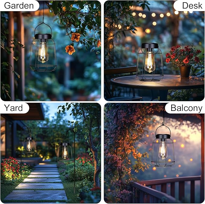 2 Pack Solar Lanterns Outdoor with LED Bulbs Hanging Lights for Outside Waterproof Solar Powered Lanterns for Table Patio Porch Graden and Pathway