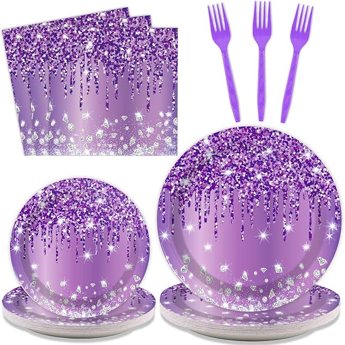 96 Pcs Purple Silver Tableware Set for Birthday Party Decor Disposable Dessert Plates Napkins Forks for 24 Guests Elegant Purple Tableware for Women Girls Baby Shower Bridal Shower Party Supplies