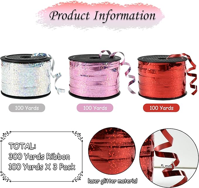 BEISHIDA Red Pink Silver Curling Ribbons Balloon String Ribbons - 3 Pack 100 Yards for Gift Warppping Valentine Day Birthday Mother's Day Pink Party Decorations
