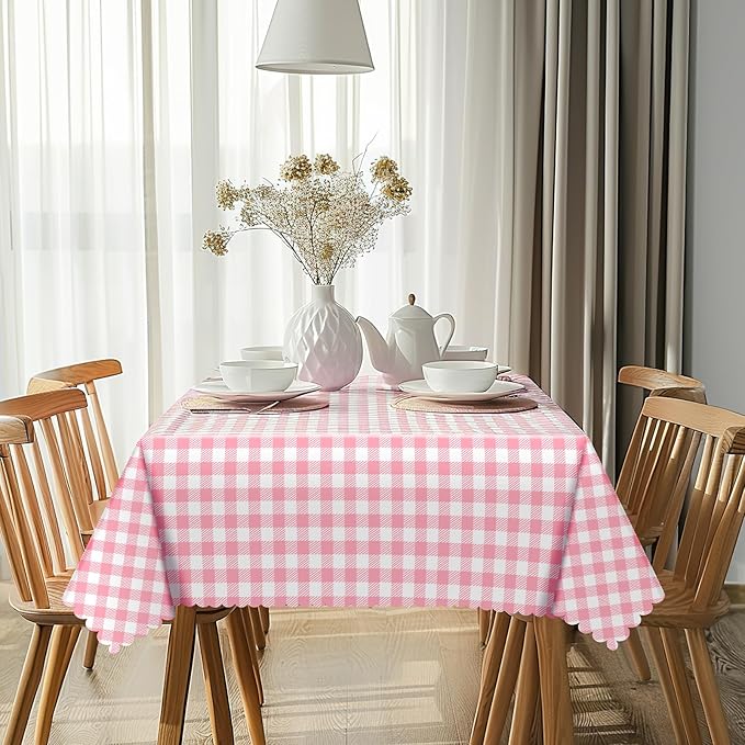 NatNarr 3 Pack Pink Gingham Tablecloths, 54 X 108Inch Scalloped Pink and White Checkered Table Cloth, Disposable Party Table Covers for Wedding Picnic Birthday Baby Bridal Shower Anniversay