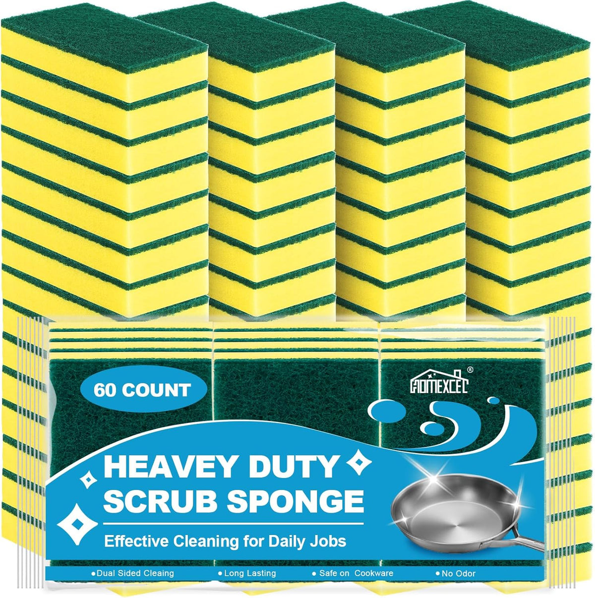 HOMEXCEL Heavy Duty Scrub Sponges Kitchen 60 Count, Extra-Large Sponges for Cleaning Kitchen and Household, Dish Scrubber for Washing Dishes, Pots and Pans