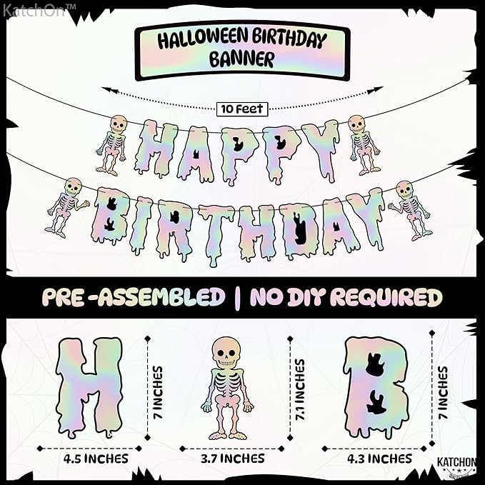 KatchOn, Iridescent Silver Halloween Happy Birthday Banner Decorations - 10 Feet, No DIY | Spooky Birthday Decorations | Halloween Decorations Indoor | Spooky Happy Birthday Banner