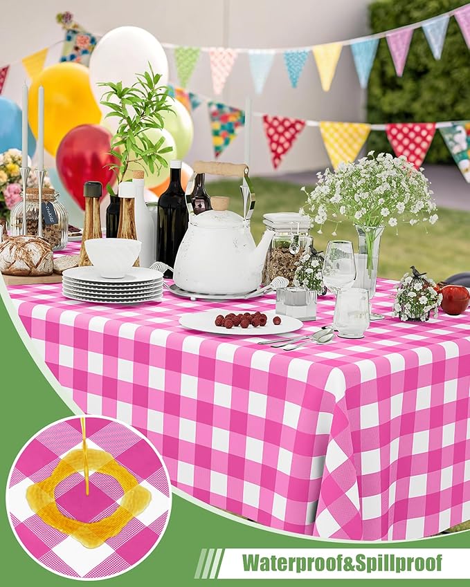 Smiry 8 Packs Gingham Disposable Table Cloth, 54 x 108 Inch Waterproof Plastic Tablecloth, Rectangle Hot Pink and White Checkered Table Covers for Party, Birthday, Picnic, Banquet