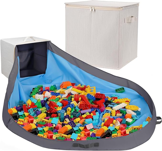 SAM AND MABEL Toy Storage Organizer with Play Mat for Kids – 13" x 13" x 13" Stackable and Foldable Cubby Box Nursery Organizers, Storage Bins with Lid for Playroom (Cream Bamboo)