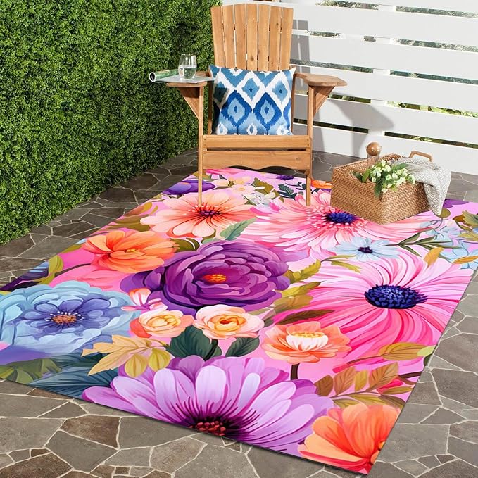 Outdoor Flower Rug with Anti Slip Backing Vibrant Waterproof 8x10 Area Rugs for Patio Deck Balcony Camping Garden Porch Large Floral Outside Carpet Blue Pink Purple Aesthetic Thick Mat