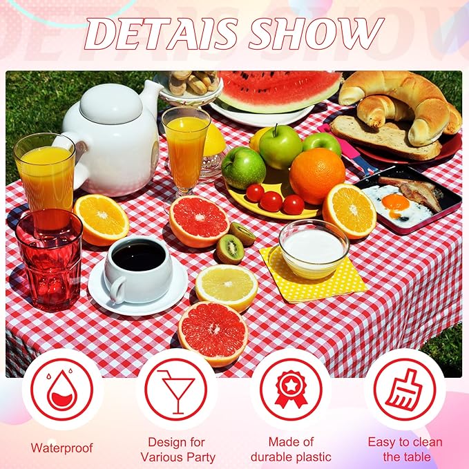 12 Pack Red and White Plastic Checkered Tablecloth, Premium Decorative Disposable Red Gingham Plaid Table Cloths for Parties, Rectangle Party Table Cover for Picnic Farm Birthday Wedding, 54x108 Inch